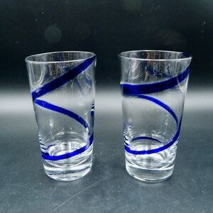 Pier 1 One Swirline Blue Ribbon Highball Beer Tumblers Glasses 6 Inch Set of 2